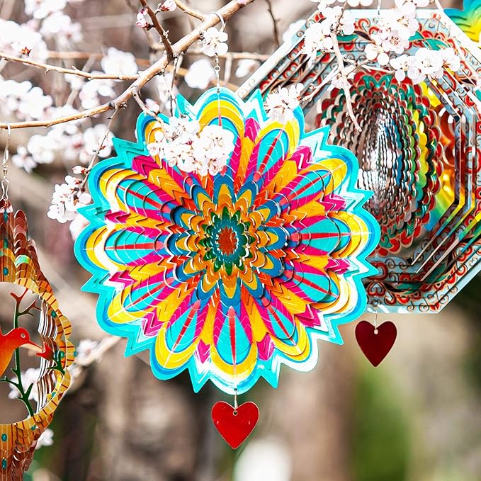 SteadyDoggie Wind Spinner Mandala Flame 12 inches - 3D Stainless Steel - Laser Cut Metal Art Geometric Pattern - Yard Spinners Outdoor - Hanging Wind Spinner, Kinetic Yard Art Decorations-VerdiqueGarden