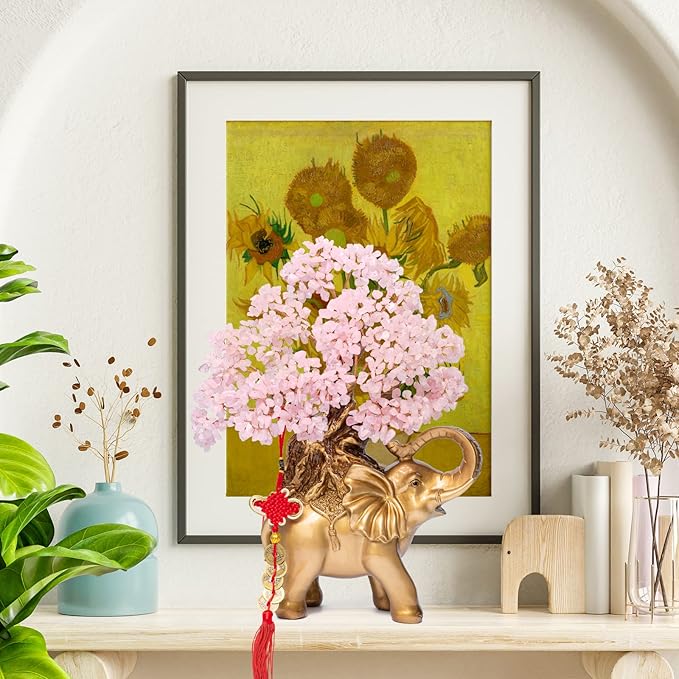 Rose Quartz Crystal Money Tree on Gold Elephant Statue, 17”Large Gemstone Bonsai Tree of Life Home Décor Gifts for Wealth Positive Energy, Feng Shui Décor-VerdiqueGarden