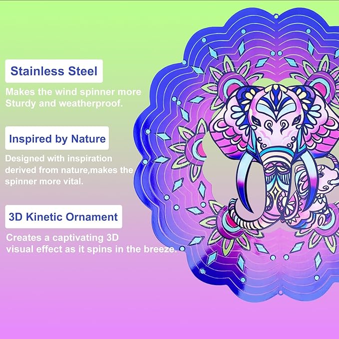 Elephant Wind Spinners 3D Hanging Wind Spinner Elephant Ornament Gifts for Women Mom Grandma,12inch Metal Wind Kinetic Sculpture for Outdoor&Indoor Decor, Yard Art, Garden Decoration-VerdiqueGarden