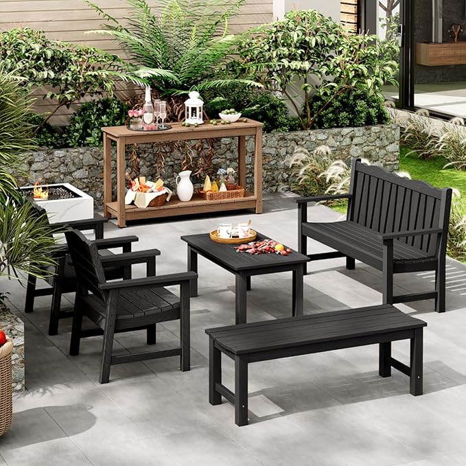 Outdoor Console Table, 48" Weather Resistant HIPS Patio Side Table, 440LBS Weight Capacity, 2-Tier Multifunctional Buffet Bar Storage Organizer for Garden Deck, Teak-VerdiqueGarden