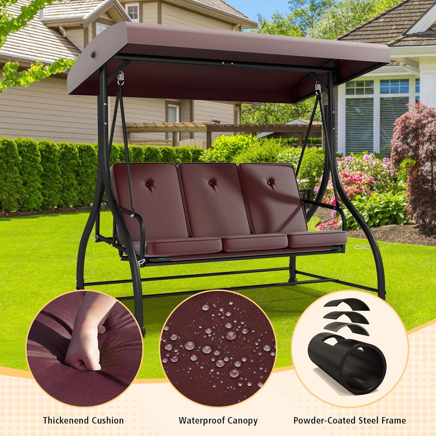 3 in 1 Porch Swing Chair with Adjustable Canopy Cover & Replacement Cushions, 3 Seat Patio Swings Bed with Heavy Duty Stand for Outdoor Backyard, Pools, Garden, Brown-VerdiqueGarden