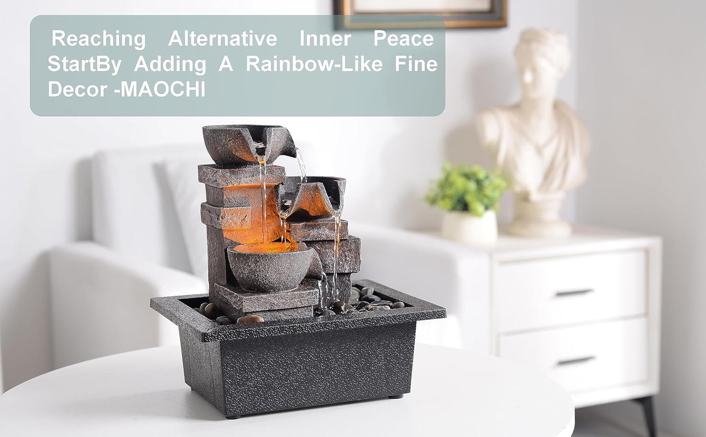 Indoor Fountain 3-Bowl Rockery Soothing Sound Tabletop Fountains Home/Office Decor with Natural River Rocks LED Lights Automatic Watering Pump(22044A)-VerdiqueGarden