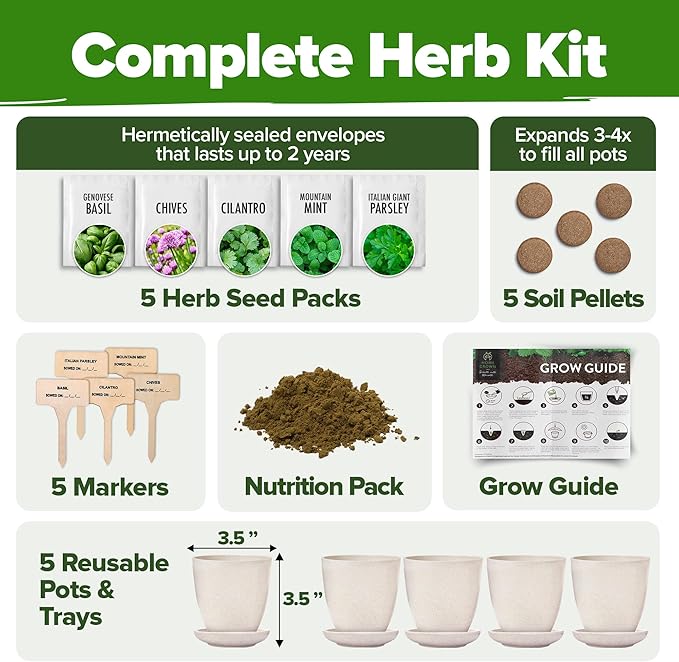 HOME GROWN Indoor Herb Garden Starter Kit - Christmas Gift for Gardeners - Complete 5 Herb Plant Grow Kit - Unique Gift for Mom, Women, Her, Men - Birthday Gift-VerdiqueGarden