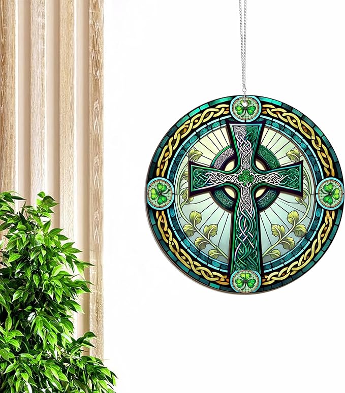 Irish Gifts, St Patricks Day Decor - Birthday, Christmas, Good Luck Irish Gifts for Men Women, Shamrock Decorations, Celtic Cross Home Decor - Window Suncatcher Hanging Decorations 6 in-VerdiqueGarden