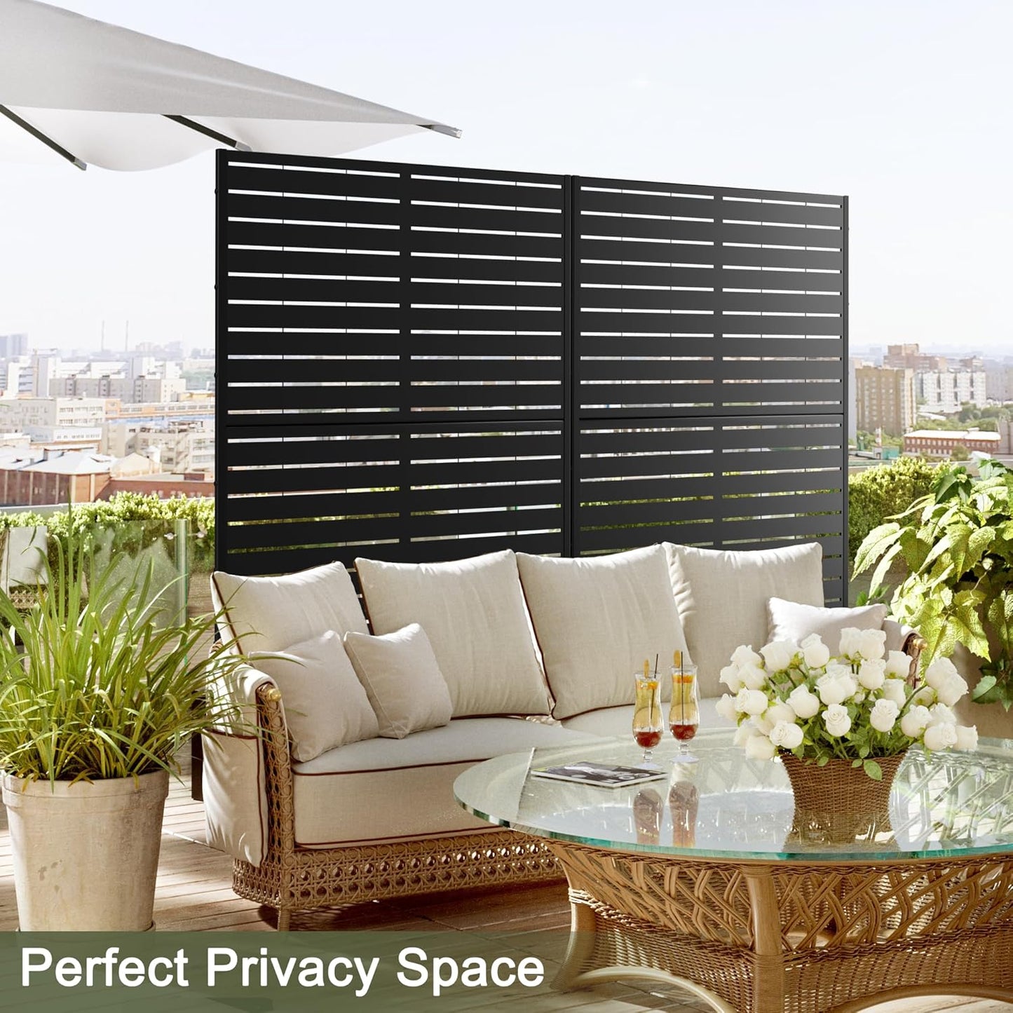 Metal Privacy Screen Outdoor 72" H×47" W,Freestanding Decorative Privacy Screen for Balcony Yard&Garden,Privacy Fence-Black&Louvered-VerdiqueGarden