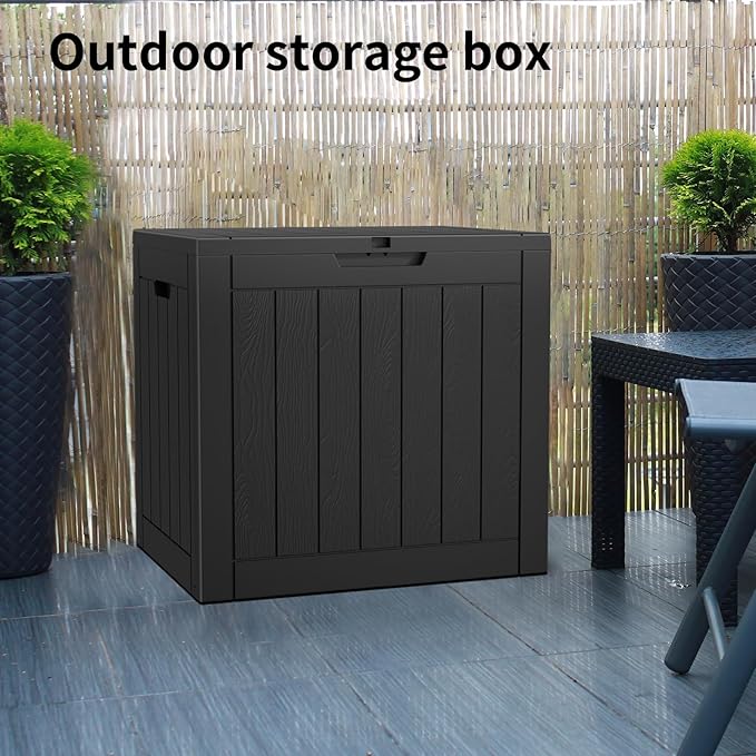 36 Gallon Outdoor Deck Box,Storage Lockable Waterproof Patio Furniture,Garden Tools,Cushions,Pool Accessories Outside Storage Resin Box(Black)-VerdiqueGarden