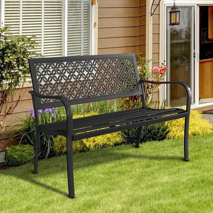 Grand patio 50" Outdoor Bench Garden Bench with Armrests Bench for Outdoors Lawn Yard Porch Black-VerdiqueGarden