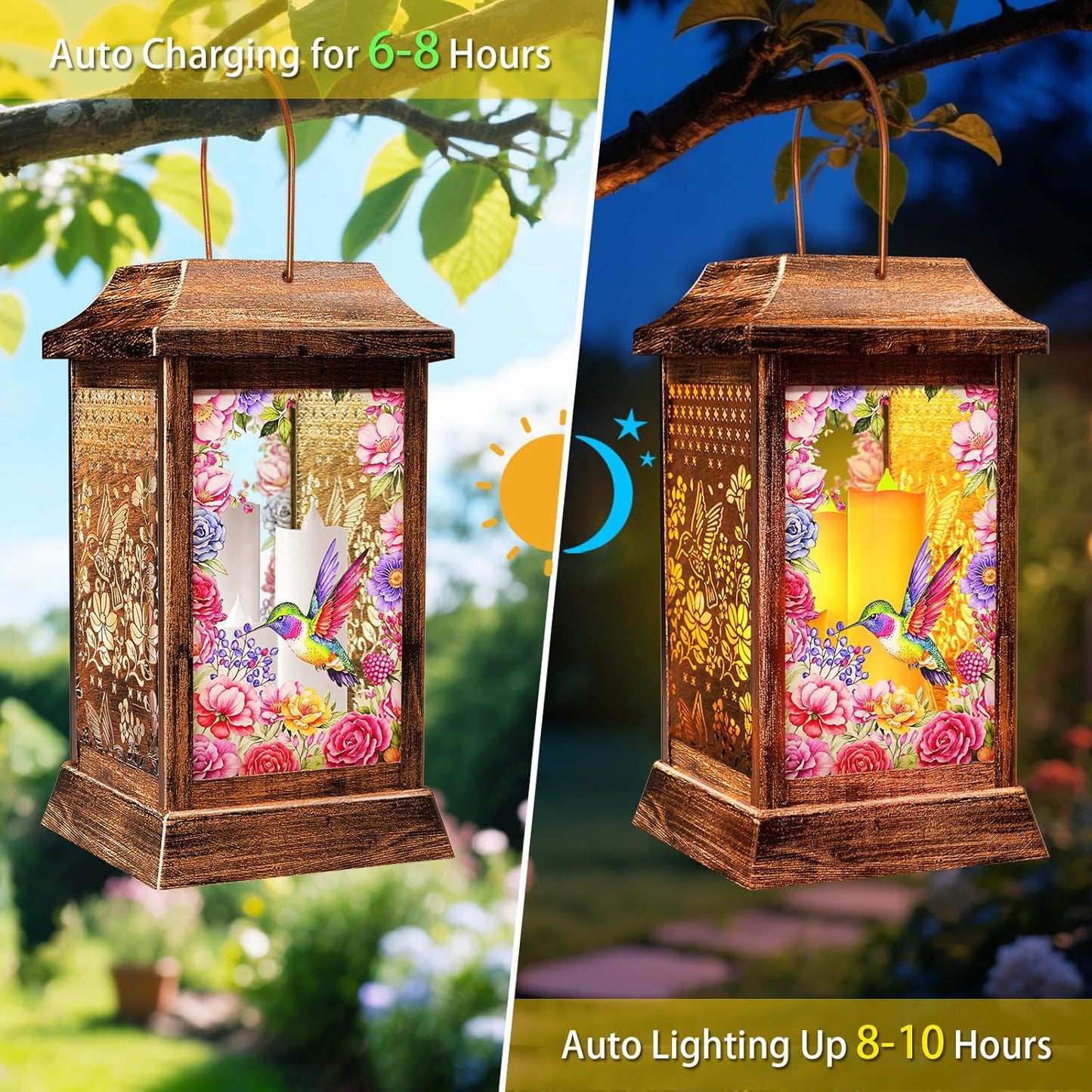 Hummingbird Solar Lanterns Outdoor Waterproof, Metal & Glass Hanging Lights Garden Decor, Birthday Gifts for Women Mom Grandma Mothers Day, Decorative Lights for Outside Yard Patio Backyard Porch-VerdiqueGarden