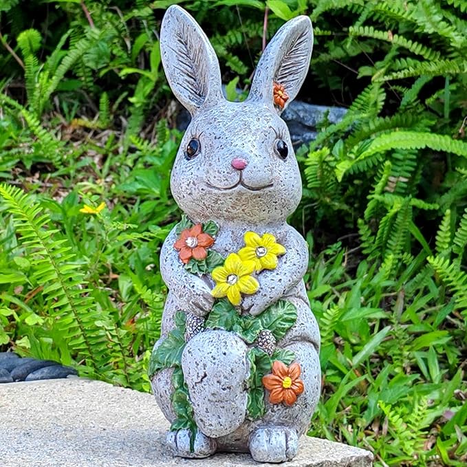 Solar Easter Rabbit Statue - Rock-Like Design with Flower Lamp Beads Woman Gifts Resin Easter Bunny Sculpture for Indoor and Outdoor Statue Decor, Garden Decoration-VerdiqueGarden