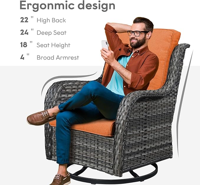 Outdoor Swivel Rocker Wicker Chairs Set of 3, High Back Swivel Patio Chairs Wicker Furniture Set, 2 PCS Rattan Swivel Rocking Chair with Side Table, Orange Cushion-VerdiqueGarden