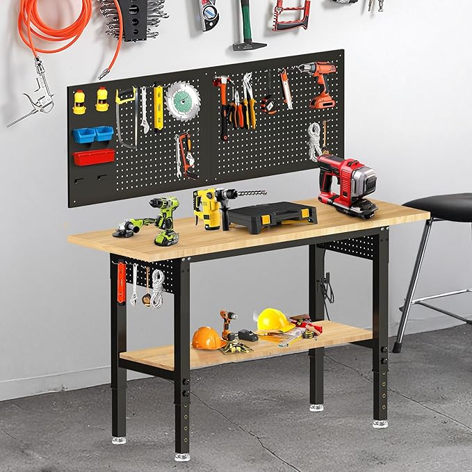 Adjustable Height Workbench, Heavy Duty Table Rubber Wood Workstation with Power Outlet & Pegboard for Garage, Office, Workshop, Home,Commercial (60"×22"|Shelf)-VerdiqueGarden