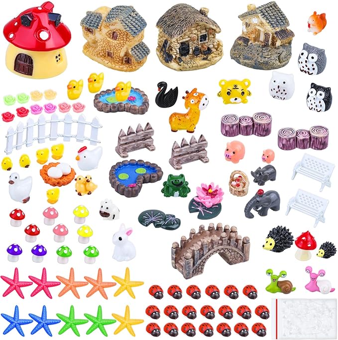 Modacraft 200Pcs Miniature Fairy Garden Accessories Including 100Pcs Fixed Pins, Fairy Garden Kit Fairy House Animal Figurines Mini Landscape for Garden Dollhouse Potted Plant Bonsai Terrarium Décor-VerdiqueGarden