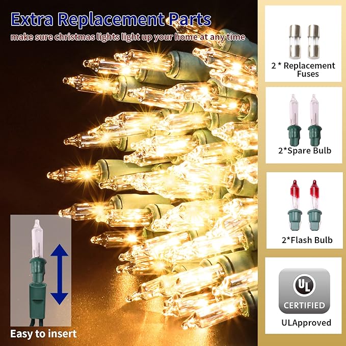 Ultra-Bright Connects End to End Warm White Christmas Mini Lights 100L 19.6Ft UL Listed Incandescent Bulb String Light Set for Indoor and Outdoor Holiday Garden Party Christmas Tree Decor-VerdiqueGarden