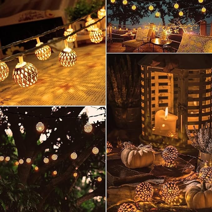 Solar Moroccan String Lights Outdoor 60 LED 36 Ft Globe Fairy Lights with 8 Lighting Modes, Waterproof Solar Powered String Lights for Garden Yard Gazebos Camping Party Holiday (Warm White)-VerdiqueGarden