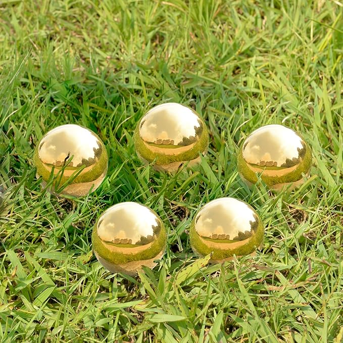 Nerien Gazing Ball, 2 Inch Stainless Steel Garden Mirror Globe, Polished Ornament Sphere, Hollow Floating Reflective Hemisphere, for Home Outdoor Pond Housewarming Swimming Decoration, Gold, 5pcs-VerdiqueGarden