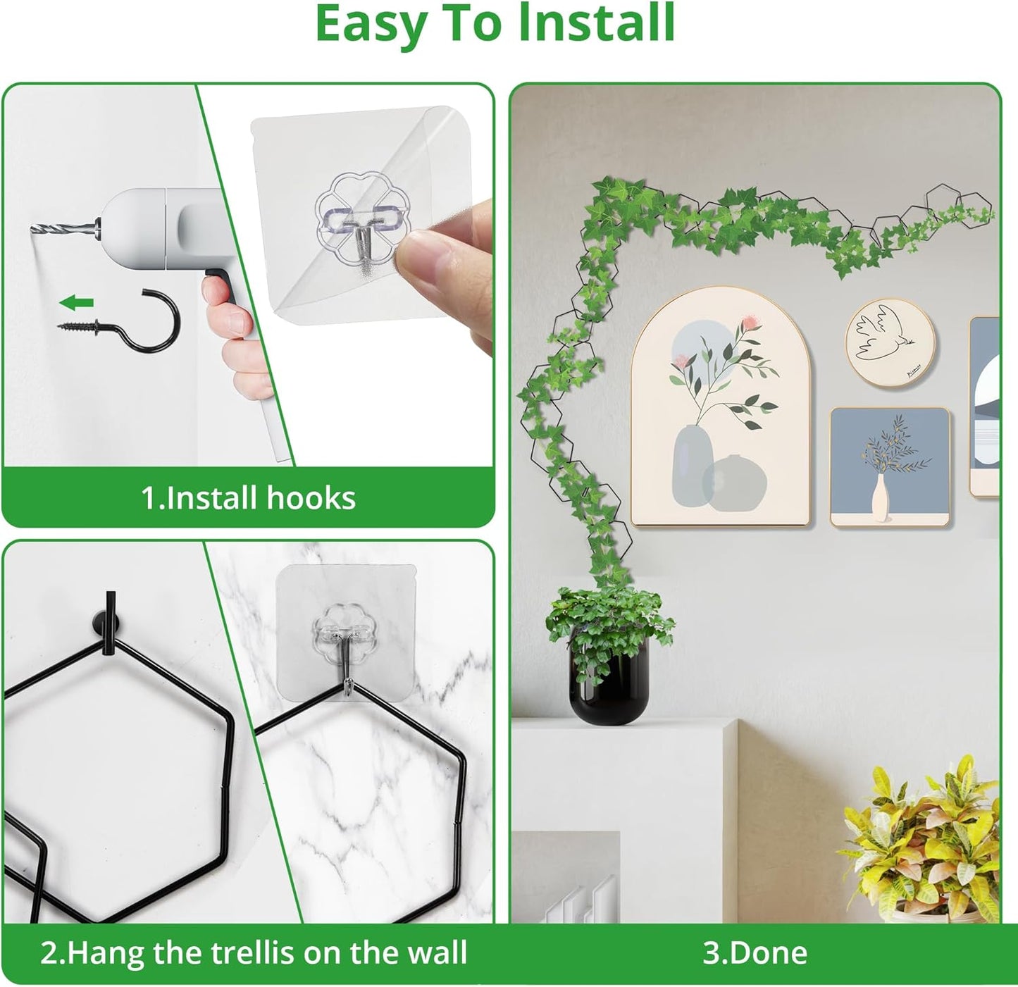 24 Pcs Chain Trellis for Climbing Plants, 120 Inch Long Metal Plant Trellis Indoor Outdoor, Garden Wall Vine Support Trellis, Plant Accessories for Ivy, Peonies, Hexagonal Design Black-VerdiqueGarden