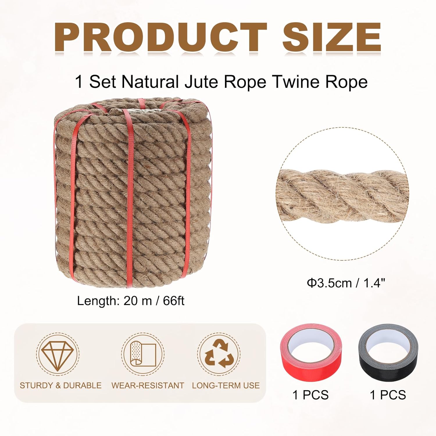 MECCANIXITY Jute Rope 1.4 Inch x 66ft, Thick Twine Rope Ropes Braided Jute Twine Natural Brown Burlap Cord String Heavy Twisted with Tapes for Decorative Crafts Railing Swing Tug of War-VerdiqueGarden