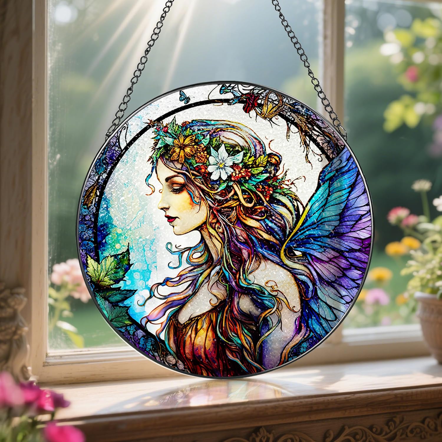 Stained Glass Window Hanging, LAOWEIKI 8'' Fairy Suncatcher, Stained Glass Ornament, Suncatchers for Windows Hanging, Window Decor, Outdoor or Indoor, Gifts for Women, Bestie, Friends-VerdiqueGarden