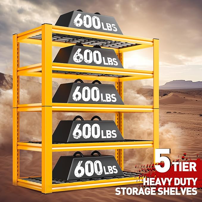 REIBII Garage Shelving Load 3000LBS, 5-Tier Storage Shelves, Adjustable Heavy Duty Metal Shelving Unit for Pantry, Basement, Warehouse, 72" H x 36" W x 16" D-VerdiqueGarden