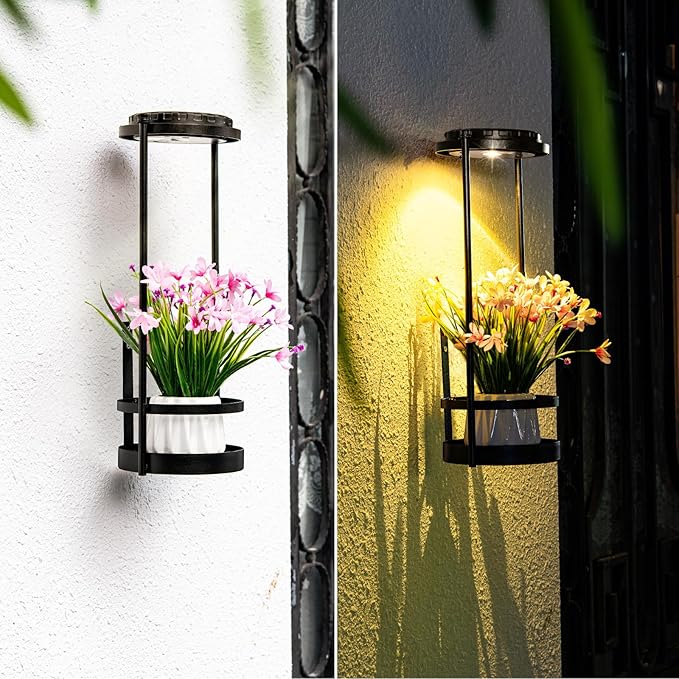 Solar Yard Wall Light with Plant Stands, Wireless Outdoor Solar Wall Lamp with 2 Modes & IP45 Waterproof Dusk to Dawn LED Outdoor Solar Lights for Garden Patio Yard Decoration (2Pack)-VerdiqueGarden