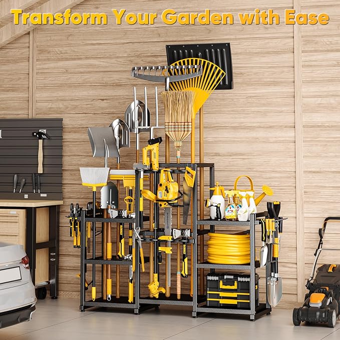 42" H Large Garden Tool Organizer, Holds Up to 86 Tools, Heavy Duty Yard Tool Organizer for Garage, 61“ Wide Lawn Freestanding Tool Storage Rack for Outdoor Shed Tool Rake, Shovel, Brooms-VerdiqueGarden