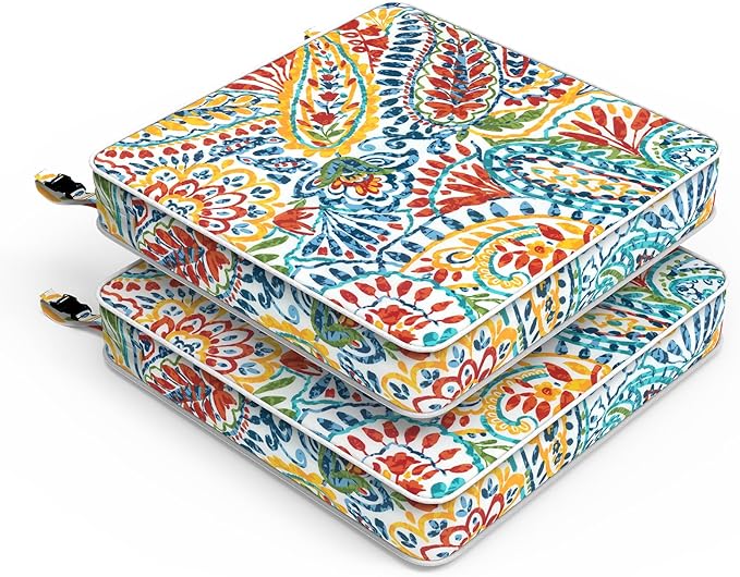 LVTXIII Patio Chair Cushions 22"x22"x3", Water-Repellent Outdoor Seat Cushions for Patio Furniture, Square Chair Pads with Ties for Home Garden Decoration, Set of 2, Paisley Multi-VerdiqueGarden