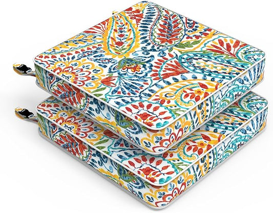 LVTXIII Patio Chair Cushions 22"x22"x3", Water-Repellent Outdoor Seat Cushions for Patio Furniture, Square Chair Pads with Ties for Home Garden Decoration, Set of 2, Paisley Multi-VerdiqueGarden