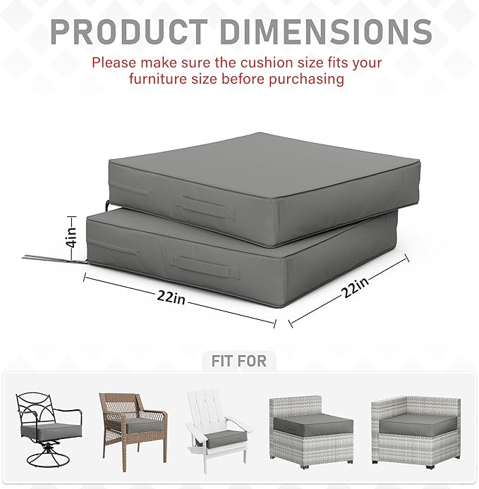 Patio Chair Cushions 22 X 22 X 4 Inch Waterproof Outdoor Seat Cushions for Patio Furniture, Outdoor Sofa Couch Pads with Ties & Handle, Set of 2, Light Grey-VerdiqueGarden