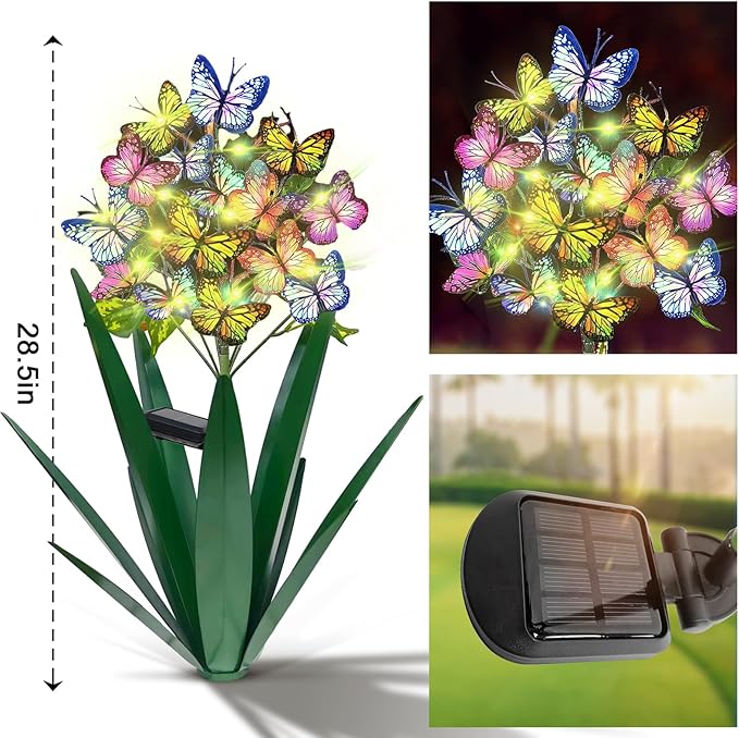 Homight Solar Metal Agave Butterfly Flower Stick Garden Sculpture - Outdoor Christmas Lights With Swaying Butterfly Sunflower - Solar Outdoor Gift (3 PCS Green)-VerdiqueGarden