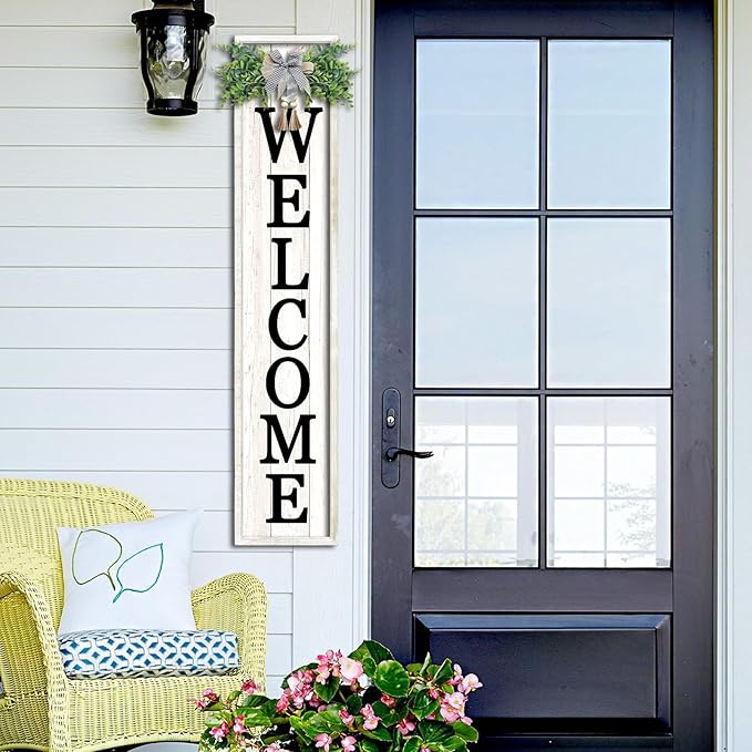 Welcome Sign for Front porch Standing 45"X9"Large Wood Frame Outdoor Tall Welcome Signs Vertical Decor for Farmhouse Rustic Home Modern Outside Front Door Wall Decorations (White)-VerdiqueGarden