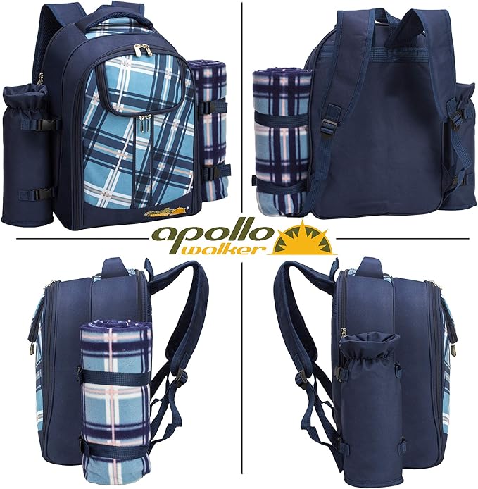 Apollo walker Picnic Backpack Set for 4 with Cooler Compartment,Detachable Bottle/Wine Holder Including Large Picnic Blanket(45"x 53") for Picnic Family and Lovers Gifts,Outdoor,BBQ Time (Blue)-VerdiqueGarden