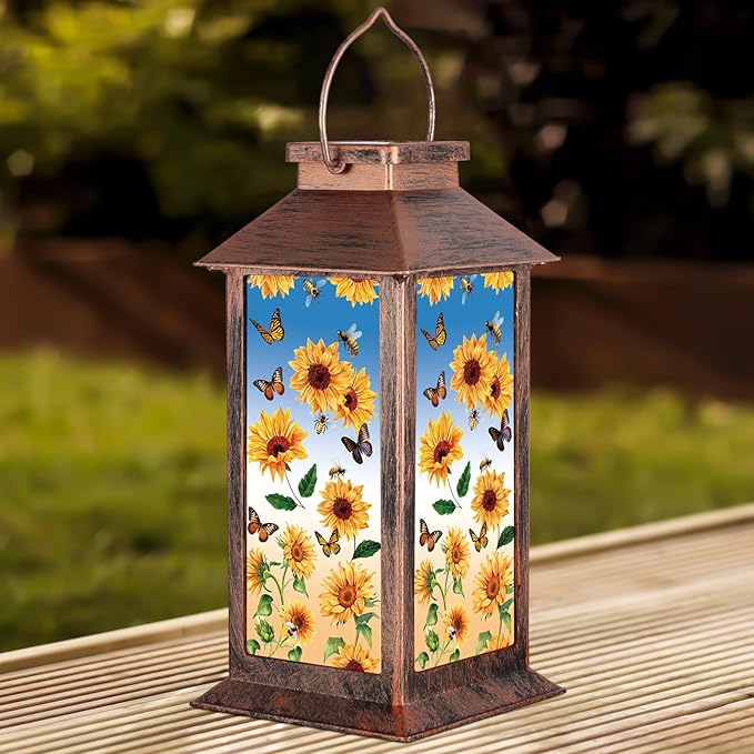 Solar Lantern Outdoor Waterproof Sunflower Butterfly Garden Decor Birthday Gifts for Women Mom and Grandma Solar LED Plastic Decorative Hanging Light for Yard(Sunflower Butterfly)-VerdiqueGarden