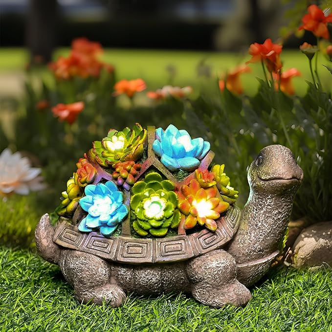 GIGALUMI Solar Garden Statues Turtle Figurine Lights for Outside, Yard Decorations Outdoor, Garden Decor Unique Birthday Housewarming Gifts for Mom, Women for Mothers Day-VerdiqueGarden