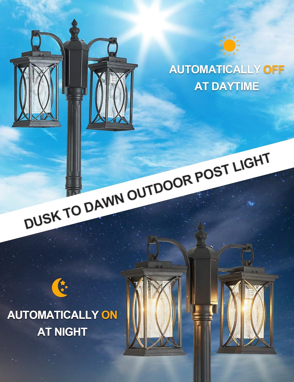 Dusk to Dawn Outdoor Lamp Post Light Modern 2-Head Street Pole Light Fixtures with Outlet, Waterproof Black Outside Street Light Electric Lantern for Backyard, Garden Patio Driveway-VerdiqueGarden