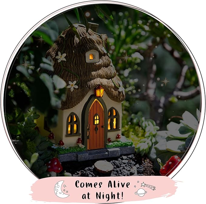 WILD PIXY Fairy Garden House - Glow in The Dark Fairy Cottage with Opening Door and Solar LED Light, Beautiful Miniature Garden Decoration for Indoor or Outdoor Fairy Gardens - 7.1" Fairy House-VerdiqueGarden
