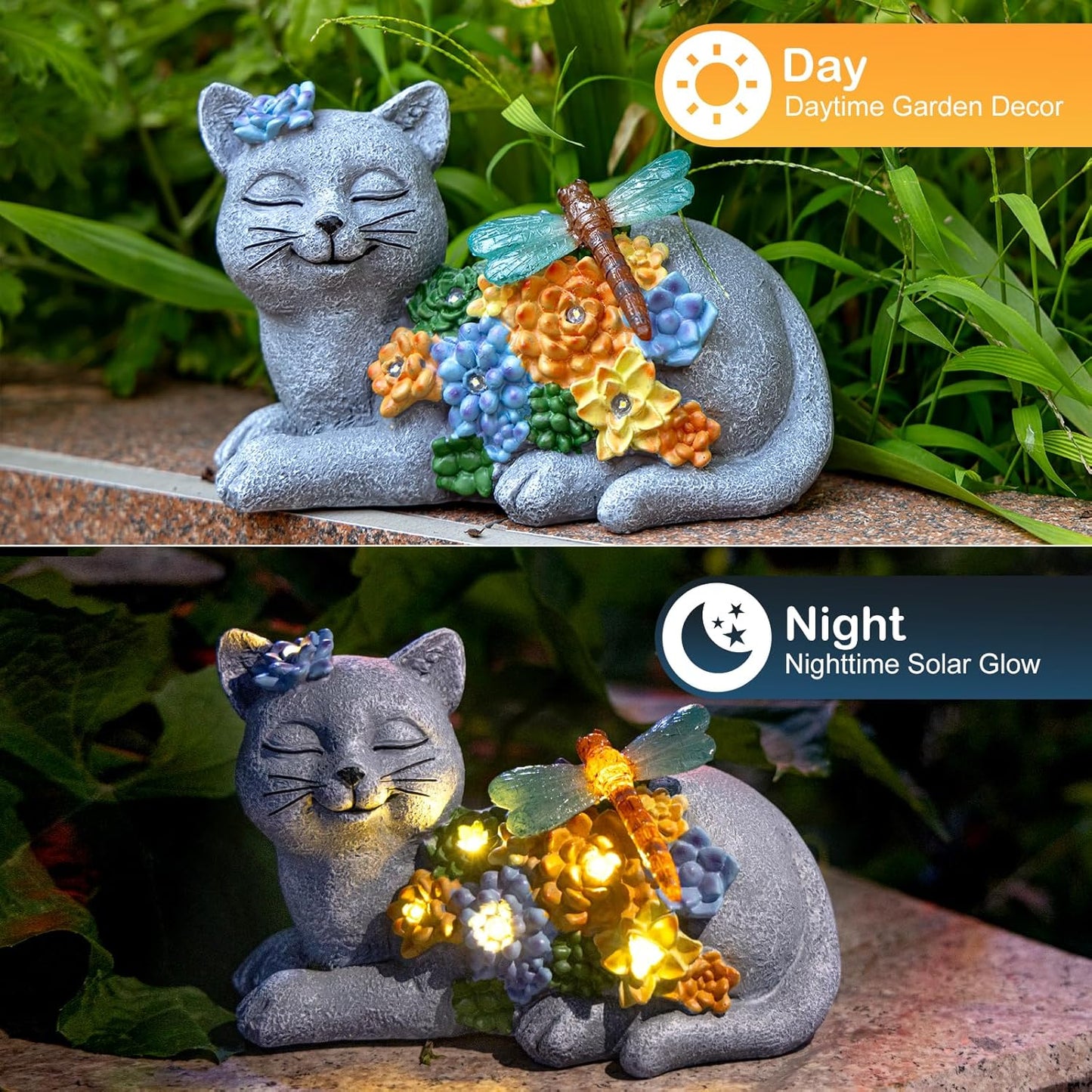 Solar Cat Garden Statue - Lying Outdoor Figurine with Dragonfly & Flower LEDs, Upgraded 2.0 Solar, Auto On/Off, IP65 Waterproof Hand-Painted Resin, Garden Decor, Gift for Cat Lovers, Mom, Grandma-VerdiqueGarden