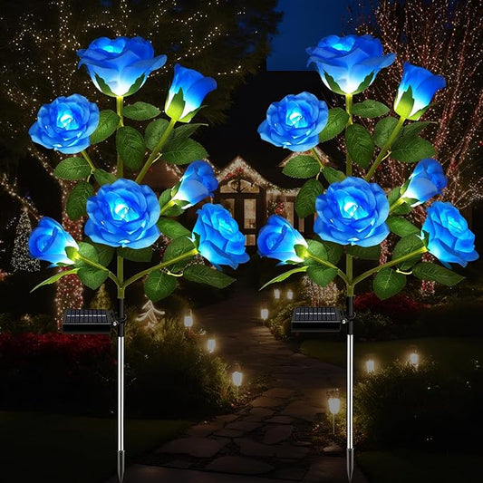 DWH 2 Pack Solar Garden Lights Outdoor, 7-Flower Rose LED Stake Light for Yard Patio Pathway Lawn Fence Cemetery, Blue-VerdiqueGarden