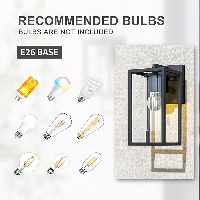 Pia Ricco Outdoor Wall Lights, Outdoor Wall Lantern with Circular Clear Glass Shade, Waterproof Exterior Lighting Fixtures, Modern Front Porch Lighting for House, Garage, E26 Base, ETL Listed, Black-VerdiqueGarden