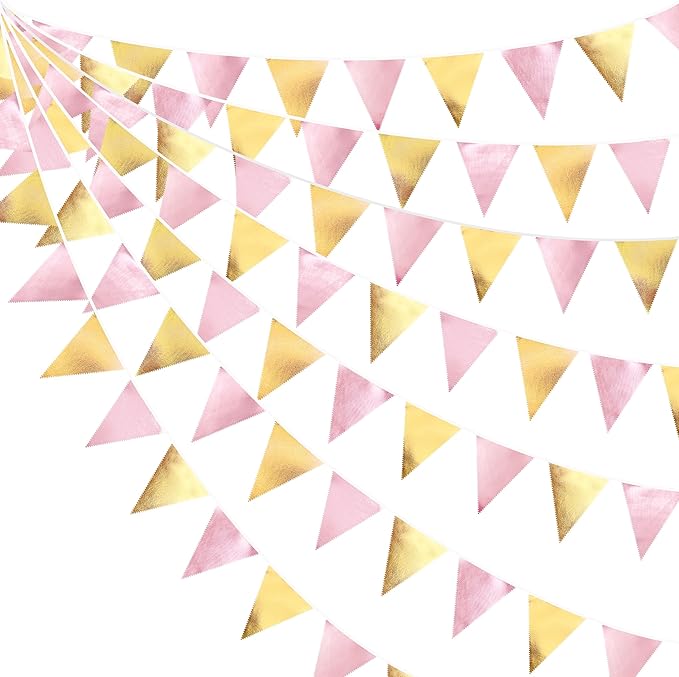Pink Gold Party Decoration Metallic Fabric Light Pink Gold Triangle Pennant Banner Flag Bunting Garland for Women Girl Birthday Retirement Graduations Bridal Shower Wedding Baby Shower Party Supplies-VerdiqueGarden