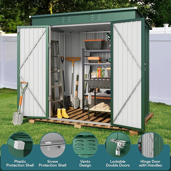 Gizoon 6' x 4' Outdoor Storage Shed with Double Lockable Doors, Anti-Corrosion Metal Garden Shed, Waterproof Shed Outdoor Storage Clearance for Backyard Patio Lawn-Green-VerdiqueGarden