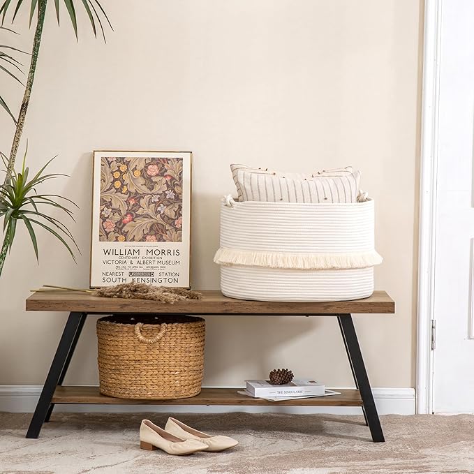 KAKAMAY Large Blanket Basket (20"x13"),Woven Baskets for storage Baby Laundry Hamper, Cotton Rope Blanket Basket for Living Room, Laundry, Nursery, Pillows, Baby Toy chest (White)-VerdiqueGarden