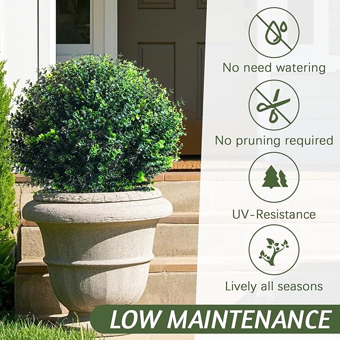 Yunlly 2 Pcs 18 Inch Artificial Boxwood Ball Topiary Tree Fake Outdoor Plants Bush, UV Resistance Faux Shrubs with Spike Realistic Greenery Potted for Indoor Garden Yard Porch Patio Decor (Dark Green)-VerdiqueGarden