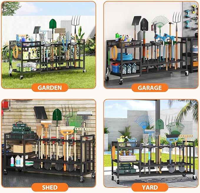 Garden Tool Organizer with Wheels-Movable Garden Tool Rack with Storage Hooks for Long-Handled Tools/Rakes/Brooms/Shovels,Heavy Duty Metal Garden Tool Storage for Garage,Shed,Garden,Black-VerdiqueGarden