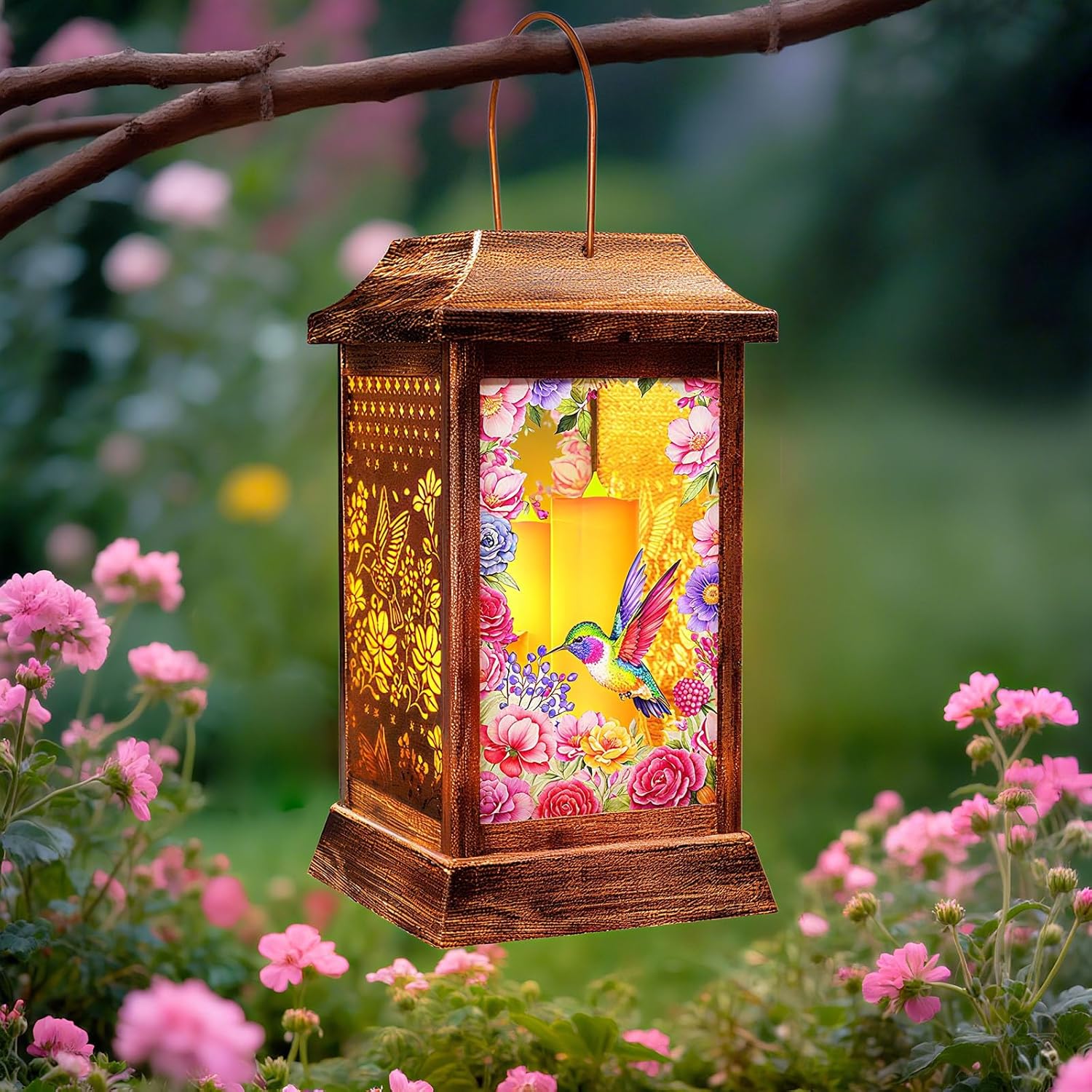 Hummingbird Solar Lanterns Outdoor Waterproof, Metal & Glass Hanging Lights Garden Decor, Birthday Gifts for Women Mom Grandma Mothers Day, Decorative Lights for Outside Yard Patio Backyard Porch-VerdiqueGarden