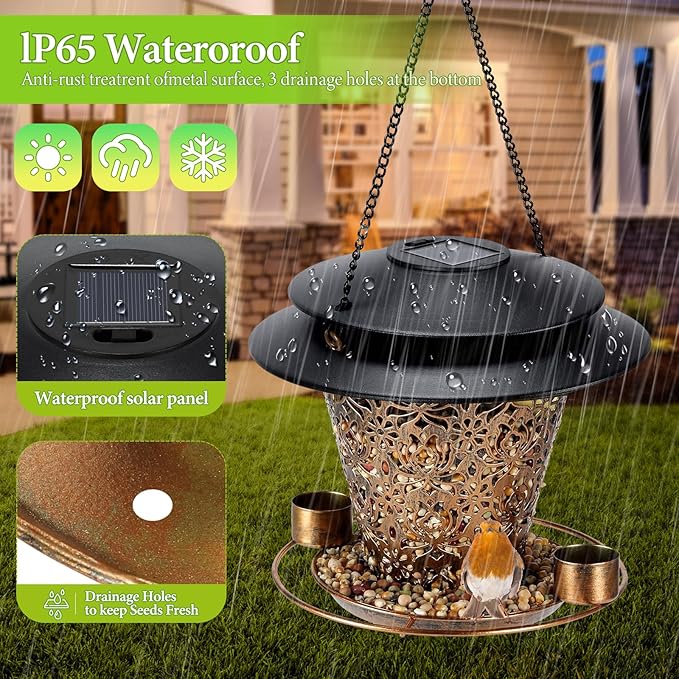 Solar Bird Feeders for Outside Hanging Metal Wild Bird Feeder Solar Lanterns Outdoor Waterproof Garden Decor for Yard Brown-VerdiqueGarden