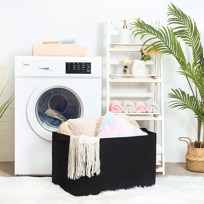 MINTWOOD Design 22in Extra Large Blanket Basket Holder Living Room, Rectangle Rope Woven Storage Basket with Handles for Laundry, Pool Towels, and Shoes, Dog Toy Organizer Bin Box, Full Black-VerdiqueGarden