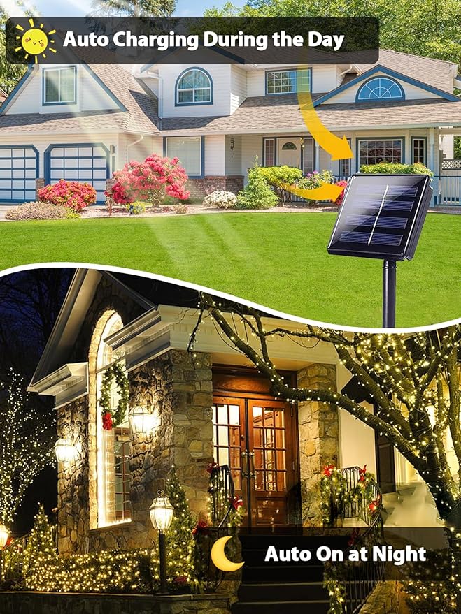 2 Pack 200 LED Solar String Lights for Outside, Solar Christmas Lights Outdoor Waterproof, Solar Outdoor String Light with 8 Lighting Modes for Xmas Tree Wedding Party Garden Decorations (Warm White)-VerdiqueGarden