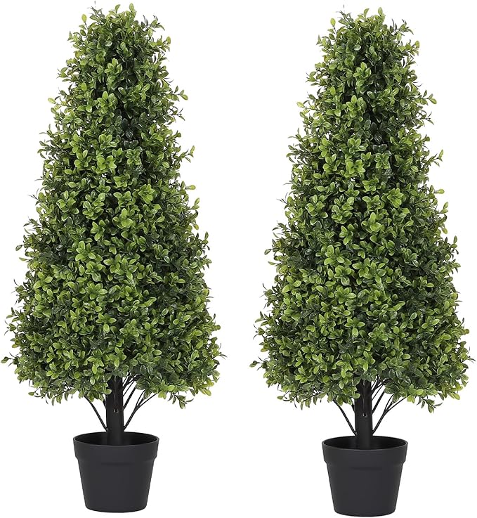 3ft Artificial Boxwood Topiary Trees (Set of 2) - UV Resistant Faux Plants Outdoor, Realistic 36" Fake Cone Bushes and Shrubs for Front Porch, Planter, Patio - Low Maintenance & Evergreen-VerdiqueGarden