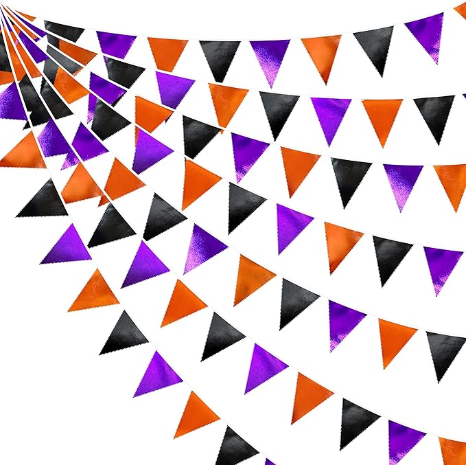 Black Orange Purple Halloween Party Decorations Metallic Fabric Triangle Pennant Banner Flag Bunting Garland for Birthday Baby Shower Bachelorette Trick or Treat Halloween Holiday Party Supplies-VerdiqueGarden
