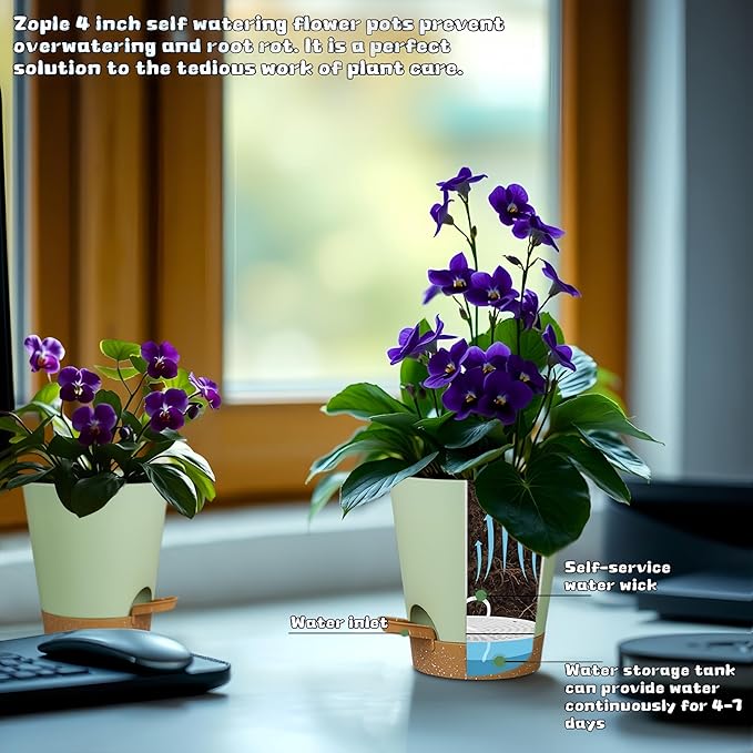 12 Pack 4 Inch Self Watering Plant Pots with Drainage and Saucers，Plastic Flower Pots for Indoor and Outdoor Plants, Nursery Planters for Houseplants and Herbs Green Brown, 4 inch 12pcs-VerdiqueGarden